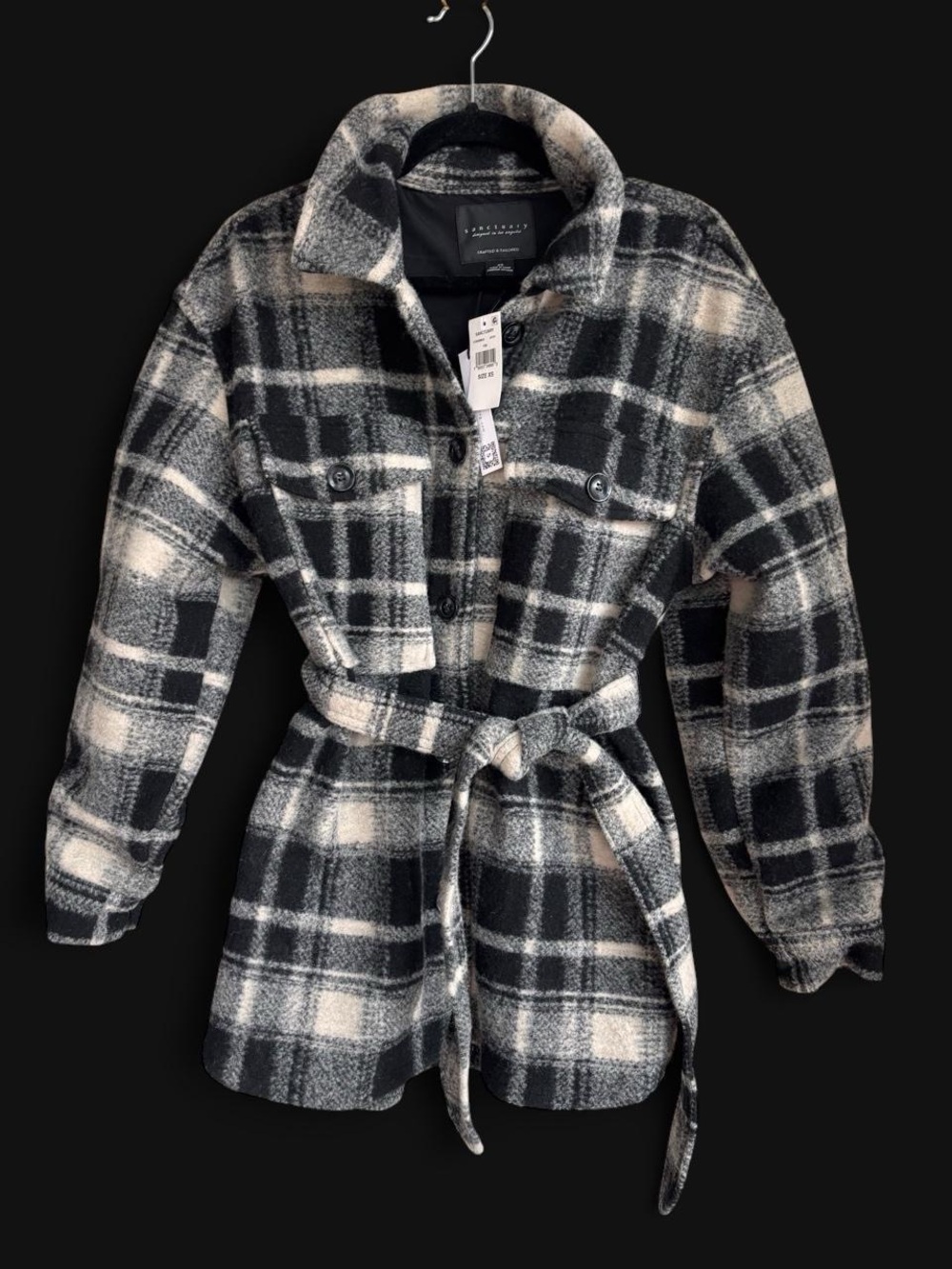 Sanctuary Black and Cream Plaid Belted Shacket